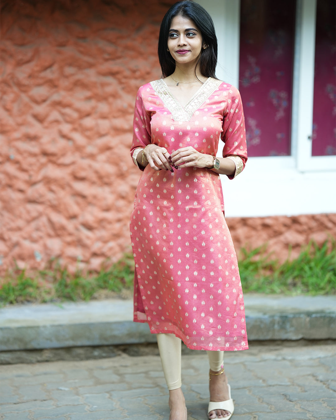 Peach Tissue Zari Kurta