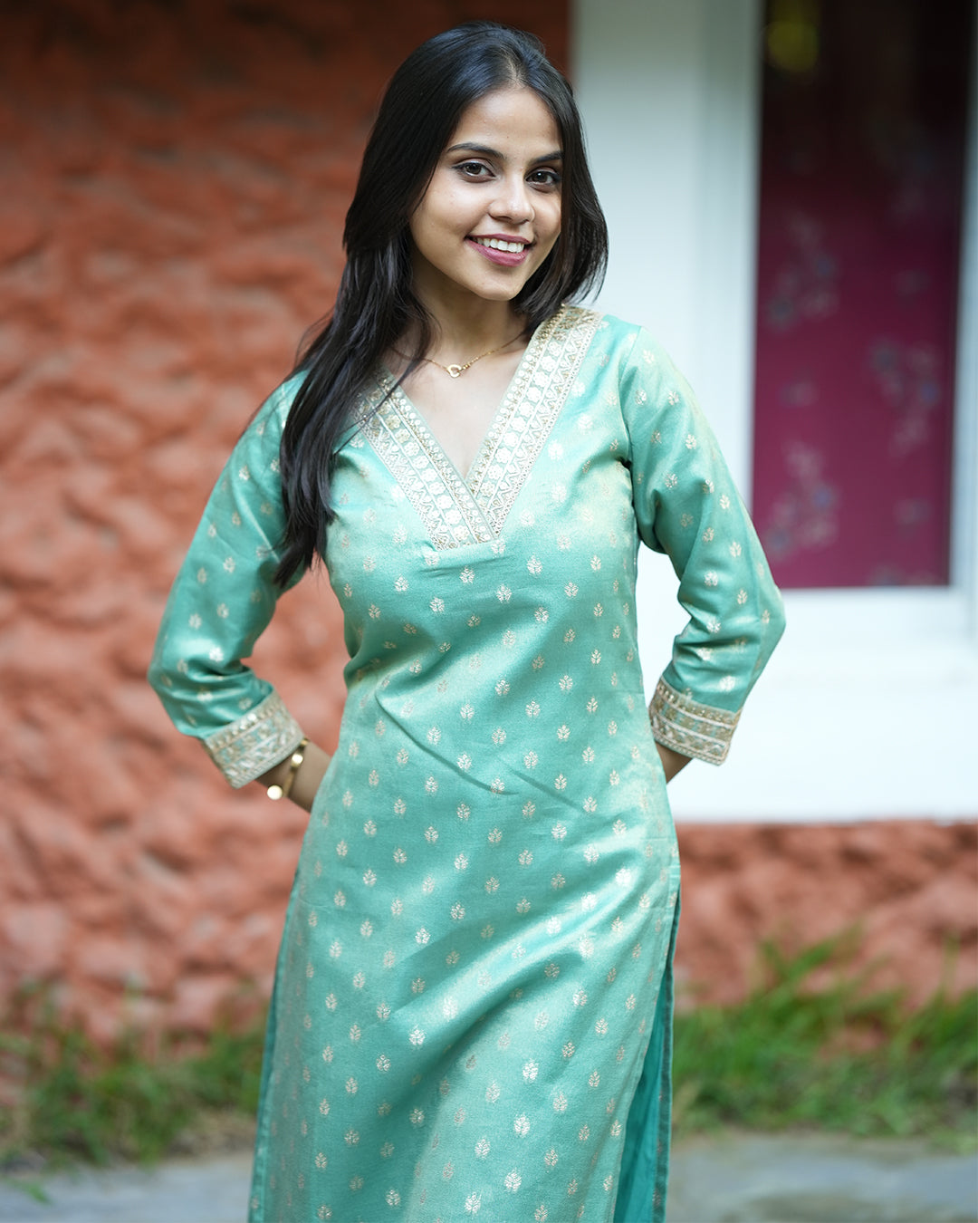 Green Tissue Zari Kurta