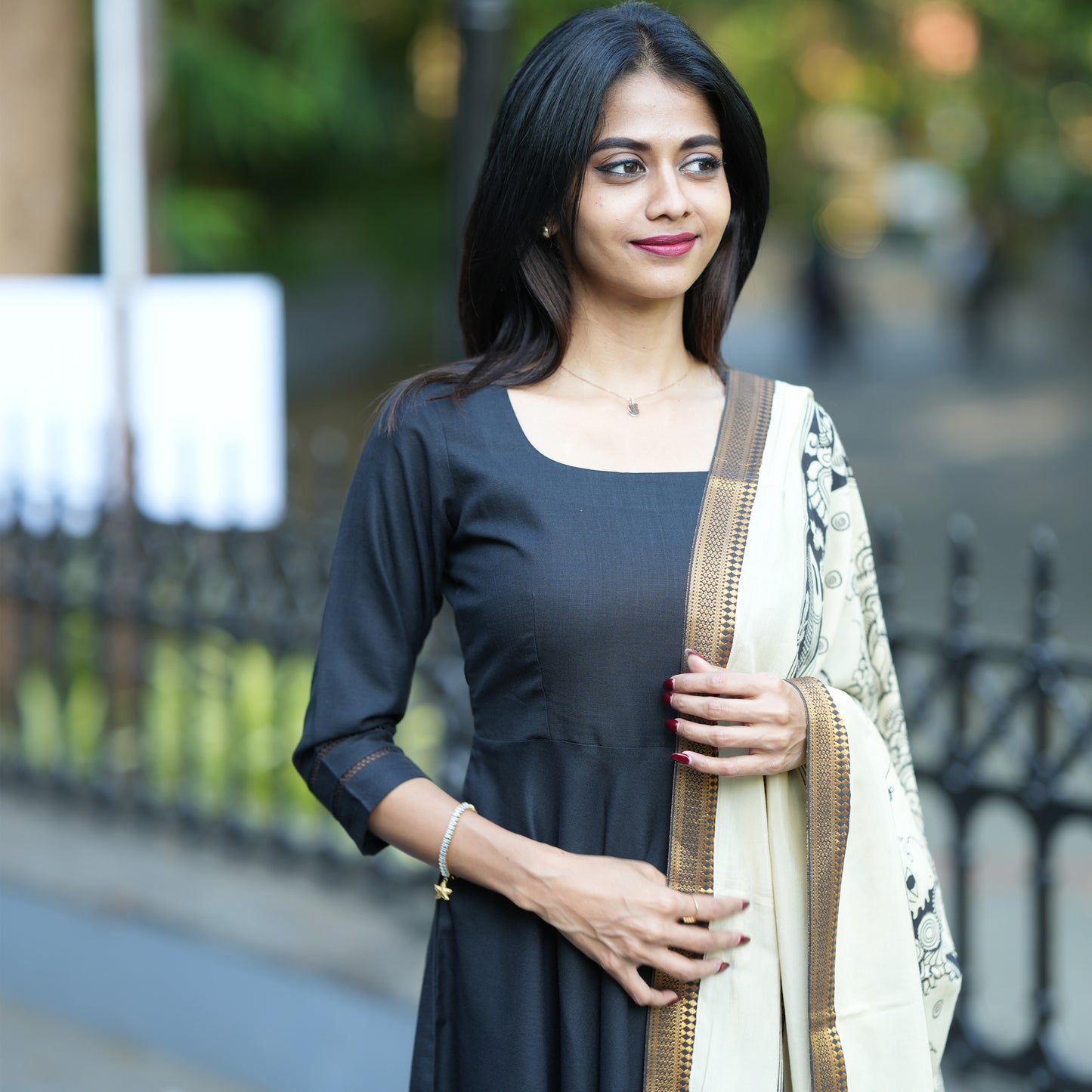 Black Anarkali Top with Kalamkari Shawl