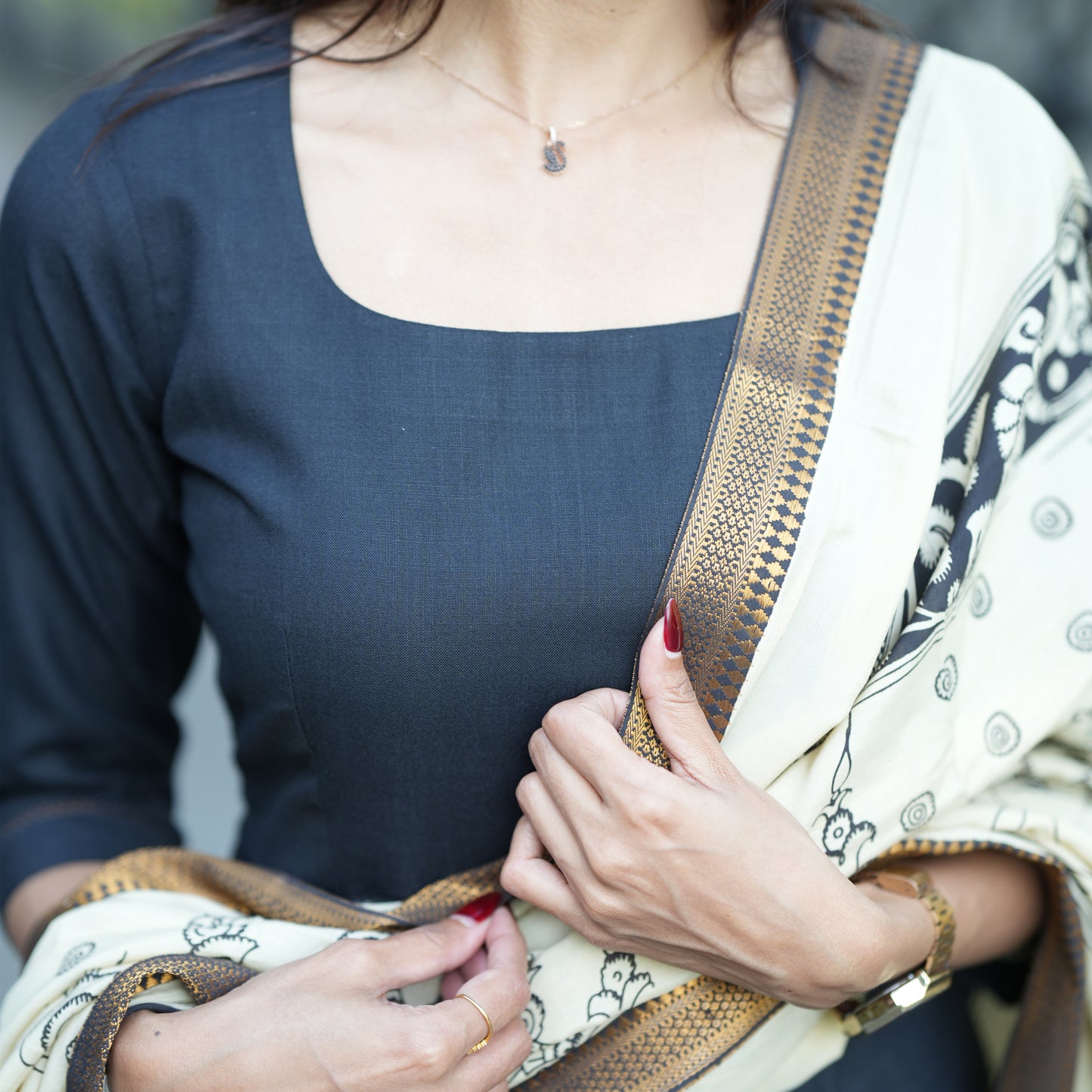 Black Anarkali Top with Kalamkari Shawl