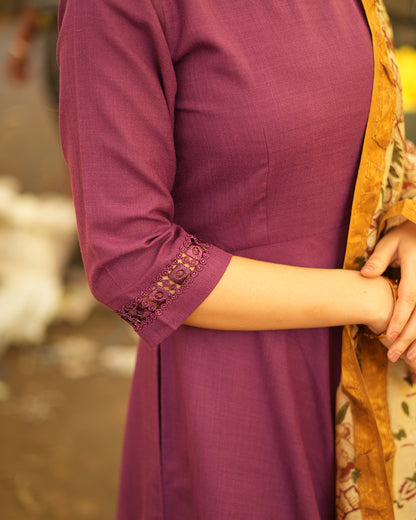 Purple Anarkali Top with Chanderi Block Printed Shawl
