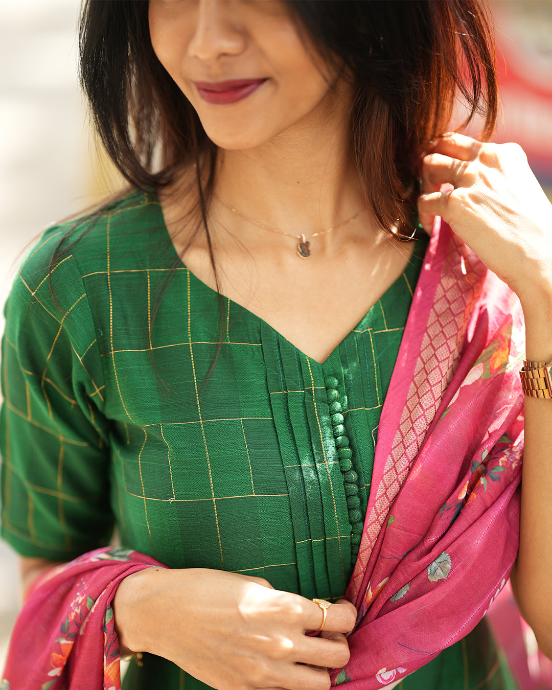 Green Jari Checked with Pink Organza Dupatta
