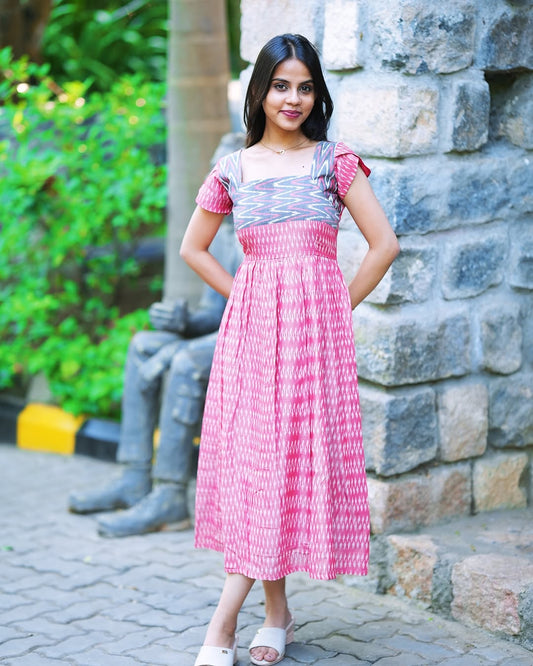 Ballerina Pink & Gray Ikkat Frock
