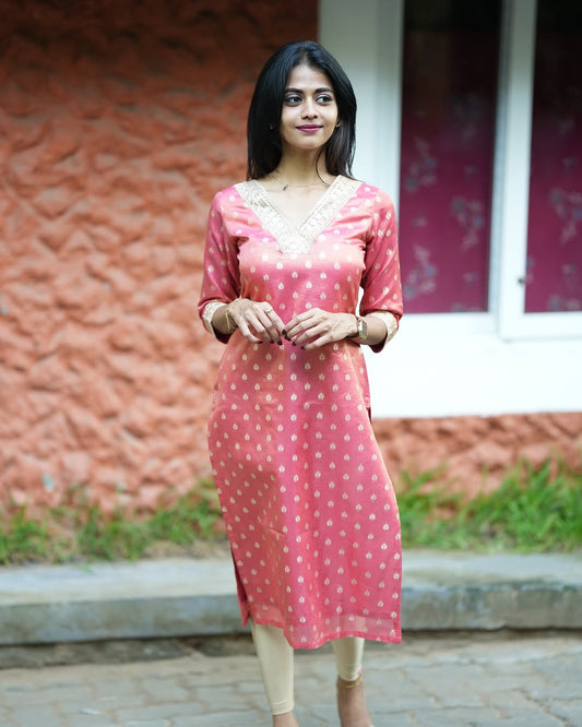 Peach Tissue Zari Kurta